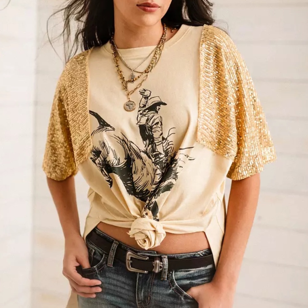 Sequin Sleeve Graphic Tee - Beige/Gold